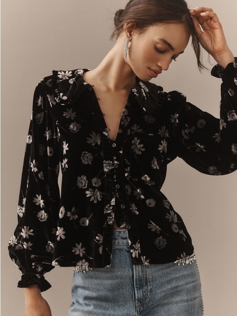 Pilcro Anthropologie Keira Velvet Floral Collared Blouse XS NWT Black Romantic